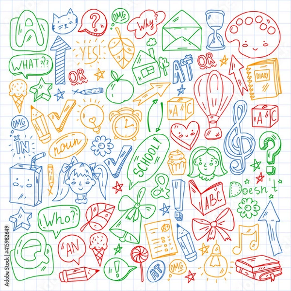 Fototapeta Back to school. Vector illustration with icons about education. English learning. Online internet courses.