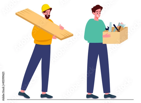 Fototapeta Carpenter with a board, carpenter with a tool box