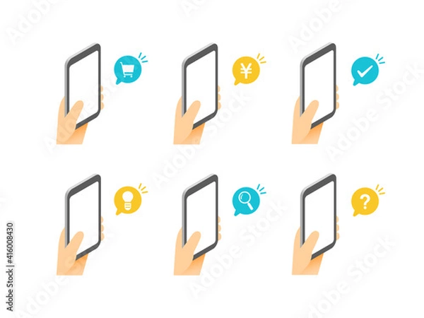 Obraz アイソメトリック スマートフォンとアイコンの組み合わせセット カラー