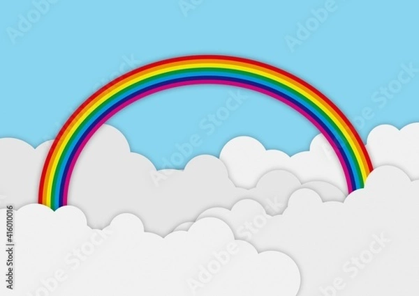 Fototapeta 紙工作のような空と雲と虹の背景