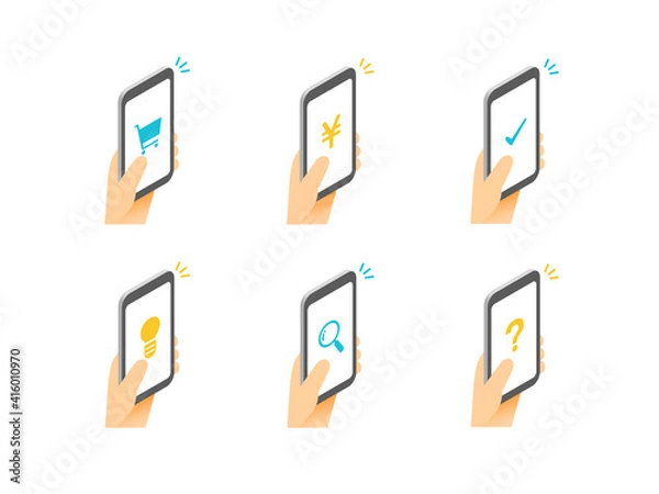 Obraz アイソメトリック スマートフォンを操作する手 アイコン セット