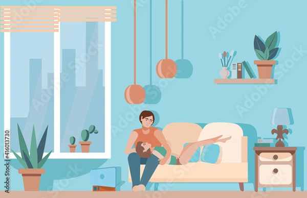 Fototapeta Cozy living room. A young couple gently embraces on the sofa . the concept of a happy family life. Lovely interior with the characters. Vector illustration in a flat style.