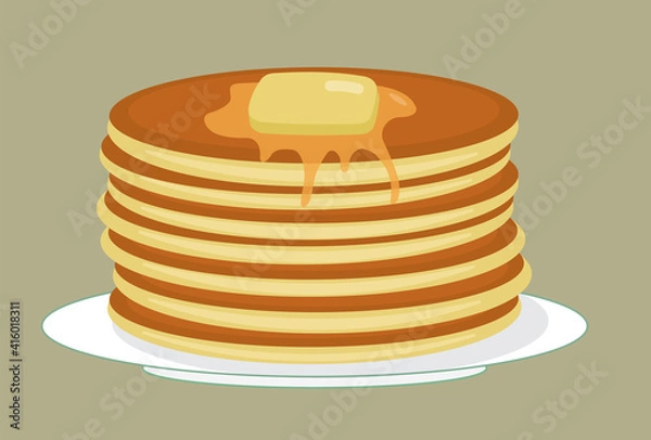 Fototapeta Stack of tasty american pancakes on a plate with butter and honey (syrup). Shrovetide. Maslenitsa. Flat vector illustration