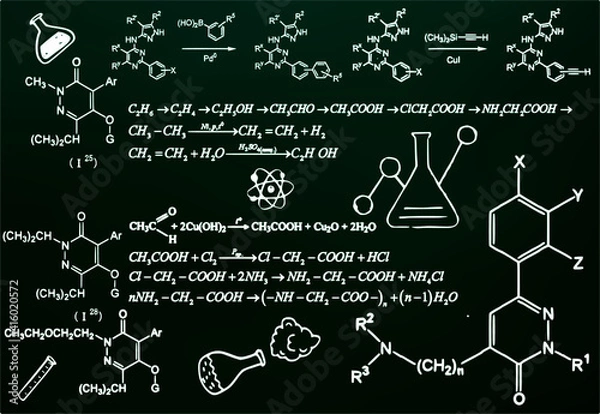 Fototapeta Chalk scribbles on a chemical board. Blackboard, formulas, numbers, and organic chemistry. The concept of education. Vector illustrations can be used to return to the school topic, organic chemistry