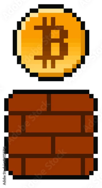 Fototapeta Pixel bitcoin coming from a gaming block - isolated (vector)