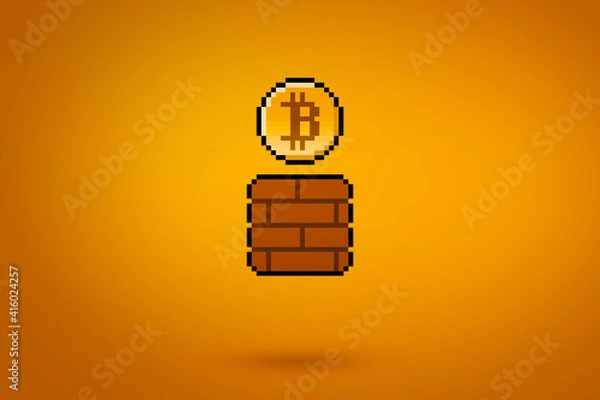 Fototapeta Pixel bitcoin coming from a gaming block