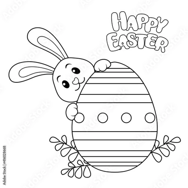 Fototapeta Happy Easter. Cute little bunny with Easter egg. Black and white vector Illustration isolated
