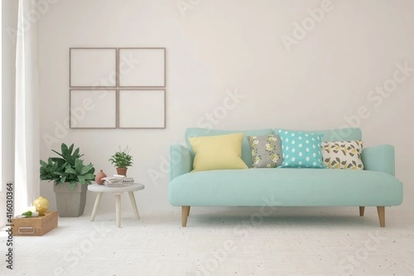 Fototapeta White living room with sofa. Scandinavian interior design. 3D illustration