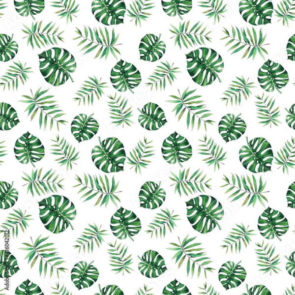 Fototapeta Watercolor Tropical leaves seamless pattern, Tropical background, Digital tropical texture, Digital paper Watercolor Palm leaves, Tropical pattern, Exotic Palm leaves