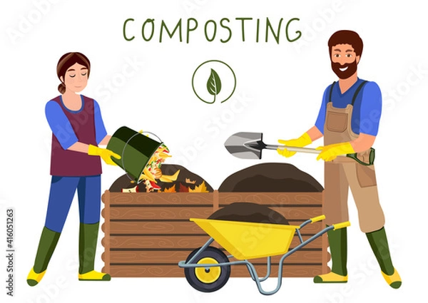 Fototapeta Composting. Man and woman making compost. Zero waste concept. Vector illustration.