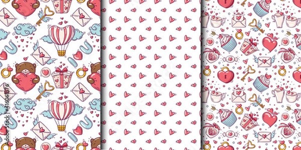 Fototapeta Set of seamless patterns with valentines day and love objects in doodle style on white background