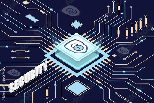 Obraz Cybersecurity. Circuit board. Microchip. Microprocessor.