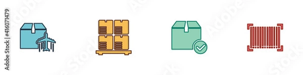 Fototapeta Set Plane and cardboard box, Cardboard boxes on pallet, Package with check mark and Barcode icon. Vector.