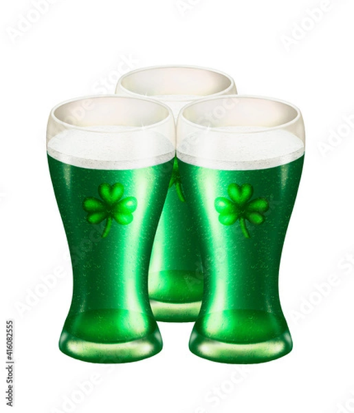 Fototapeta  three glasses of green drink with a leaf of clover on them on St. patrick's day