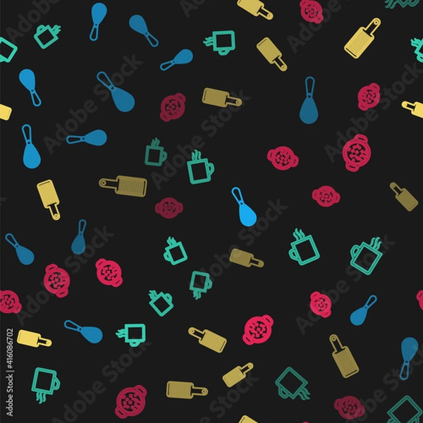Fototapeta Set line Kitchen whisk, Coffee cup, Grater and Cooking soup in pot on seamless pattern. Vector.
