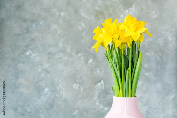 Obraz Spring flowers, yellow daffodils in a vase on a grey background. place for text. Easter concept. Copy space. Easter greeting card. 
