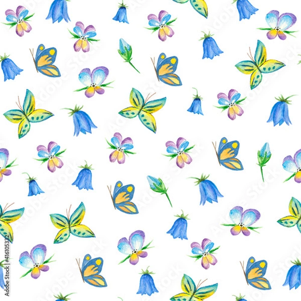Fototapeta seamless spring and easter patterns for textile decoration, easter and items, print. watercolor ornaments of flowers, butterflies and birds. Cute patterns for baby textiles and wallpapers
