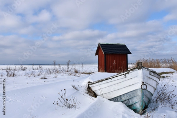 Obraz Old rowing boat by the coast