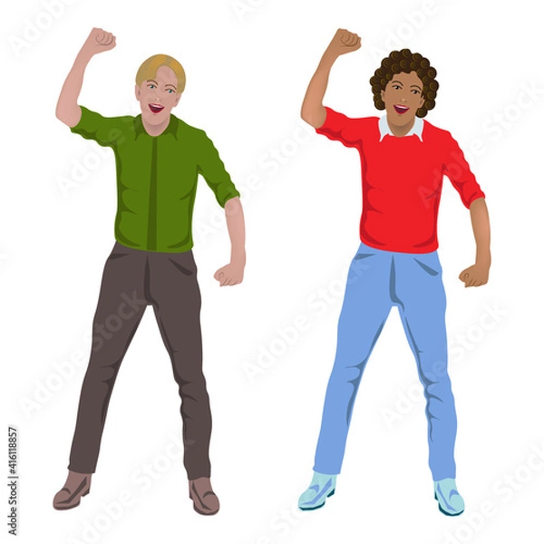 Obraz Two people with raised hands, clenched into a fist. Protester, screaming, winner. Isolated over white background. Vector illustration.
