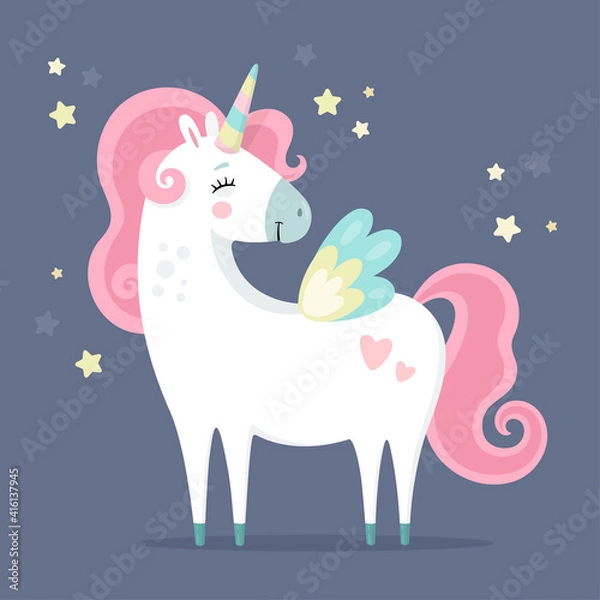 Obraz Cute magical unicorn. Little princess theme. Vector hand drawn illustration. Beautiful fantasy cartoon animal. Great for kids party, greeting cards, invitation, print for apparel