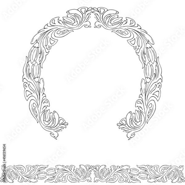Fototapeta Line art decor with floral folk ornament in byzantine style hand drawn nimbus for icon vector illustration