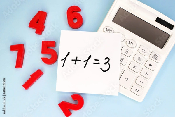 Fototapeta On the calculator and plastic red numbers there is a white sheet on which an example with the wrong solution is written. The concept of learning and development.