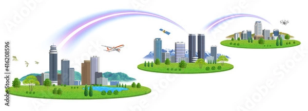 Obraz ネットワークで繋がった3都市の町並みイラスト　バリエーションあり　