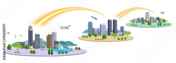 Obraz ネットワークで繋がった3都市の町並みイラスト　バリエーションあり　