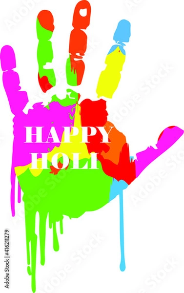 Fototapeta colorful Holi hand with happy Holi text with splashes of color