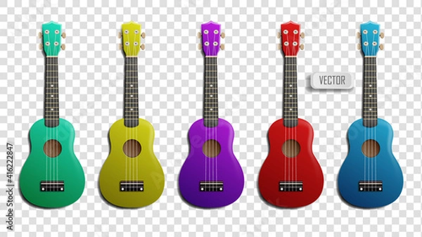 Obraz Set of multicolored ukulele realistic vector illustration. Acoustic Classical Ukulele Four Strings