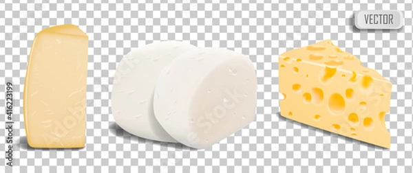Fototapeta A set of pieces of different types of parmesan cheese, mozzarella and Swiss cheese. Illustration isolated on transparent background