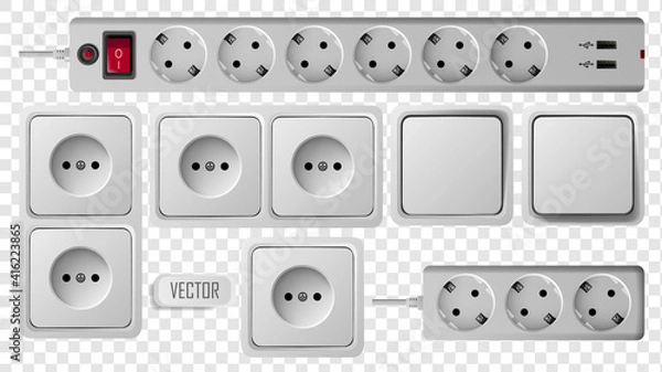 Fototapeta Socket, switch and extension vector outlet for electric plugs and electricity illustration. Set of different types of power isolated sockets and switchers
