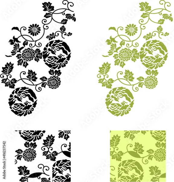 Fototapeta 平安有職文様_鳳凰丸菊唐草（ほうおうのまるきくからくさ）_タイル