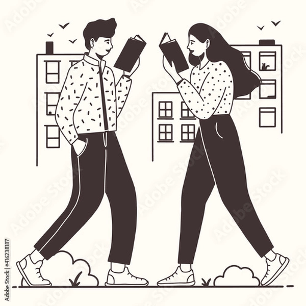 Fototapeta Young people are walking while reading a book. Book lovers, fans of literature. Concept of Book Week or World Book Day. Flat vector illustration isolated on white background.