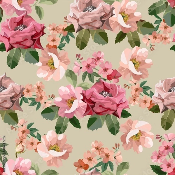 Obraz Pink rose seamless pattern vector illustration