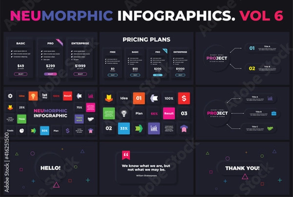 Obraz Neumorphic Vector Infographic. Presentation slide template. Pricing plans. Title, quote banners. Data visualisations scheme, structure. 