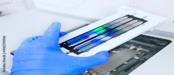 Fototapeta next generation sequencing flow cell. genetic engineering, genetic modification, designer baby and cloning concept. cancer screening and medical technology and therapy. banner with copy space