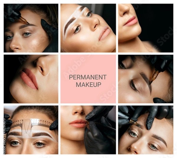 Fototapeta Set of permanent makeup photos: master applying permanent pigment