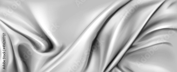 Fototapeta Abstract background with silk cloth texture, shiny satin fabric with waves and drapery. Vector realistic wallpaper with luxury flowing silvery textile. Elegant background with gray smooth material
