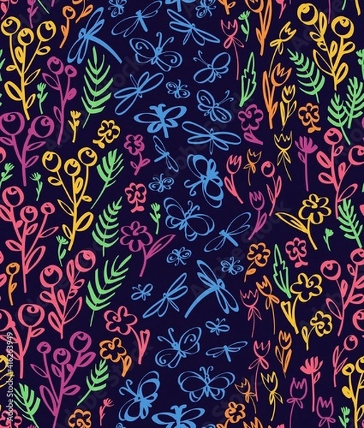 Obraz Floral seamless background pattern. Wild flowers and buterlies hand drawn, vector. Spring summer. Fabric swatch, textile design, wrapping