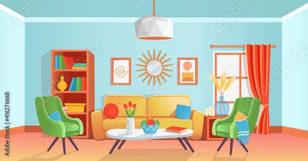 Fototapeta Retro cozy colored living room interior with sofa, armchairs, table, shelf, window, vase, chandelier, paintings, mirror. Vector illustration flat cartoon style.