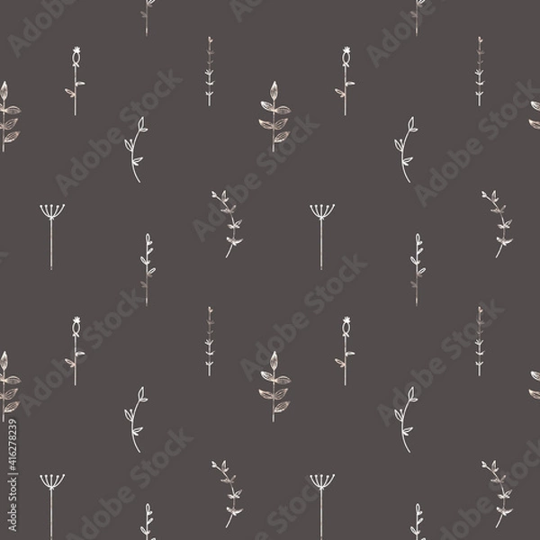 Fototapeta Astrology moon and branches of plants herbs with leaves pattern seamless square isolate on gray background. Textured digital art. Print for textiles, postcard, banner, website, stationery, tattoo