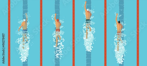 Fototapeta Swimmers top view. men crawl in the swimming pool. Sports competition. View from above. Vector flat design illustration.