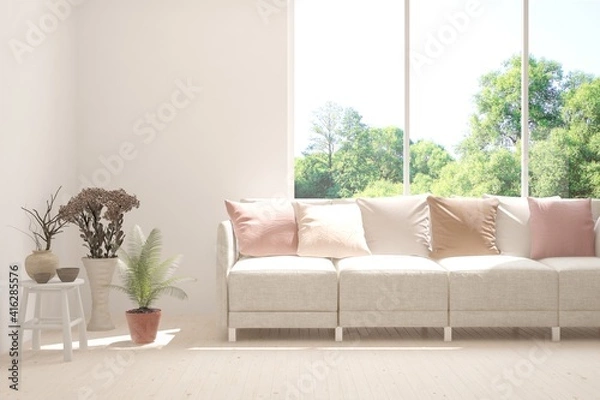 Fototapeta White living room with sofa and summer landscape in window. Scandinavian interior design. 3D illustration