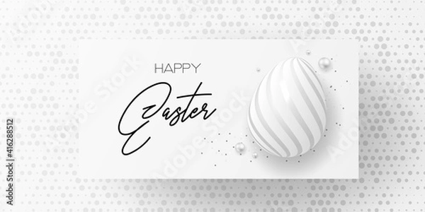 Fototapeta Happy easter template with eggs, pearls, confetti  dotted gold background. Vector illustration. Design layout for invitation, card, menu, flyer, banner, poster, voucher.
