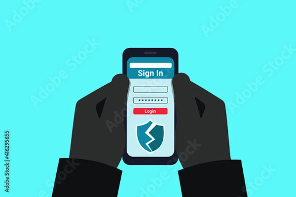 Fototapeta The fraudster is holding a hacked mobile phone in his hands. A hacker breaks into a users account. Online fraud. Log in with a stolen username and password. Access to users personal data. Vector