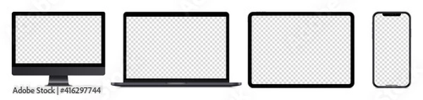 Obraz Zestaw realistycznych makiet urządzeń: izolowany telefon smartfon, laptop, tablet, monitor monoblokowy, na białym tle. Makieta pustego ekranu, ciemny projekt. Ilustracja wektorowa do PNG.