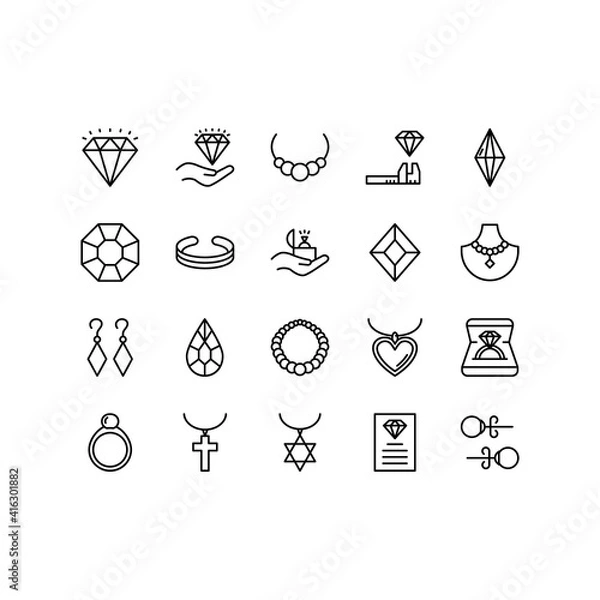 Fototapeta Jewelry line icon set. Includes such Icons as ring, bracelet, earrings, diamond, necklace and more. Outline vector icons for web design isolated on white background. Editable stroke