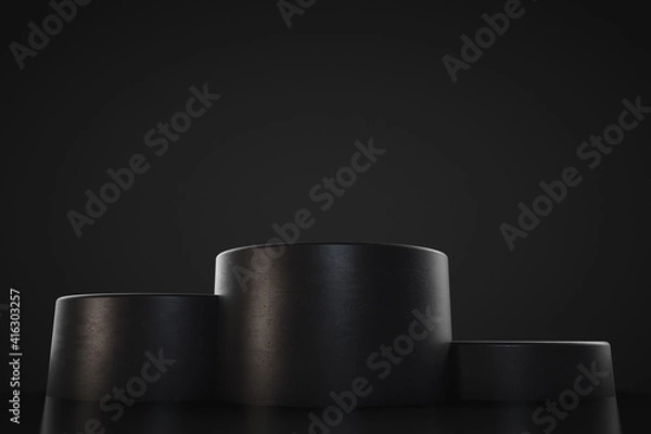 Fototapeta Empty pedestal template. Black theme. Copy space.