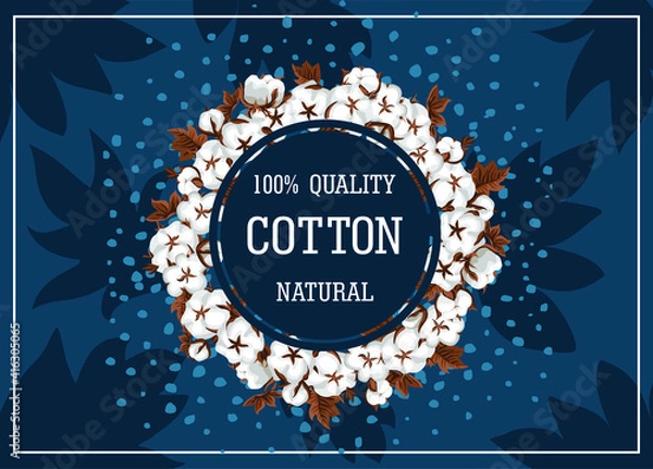 Obraz Vector horizontal illustration with cotton twigs and leaves. Banner for advertising textiles and packaging of products from natural fabrics. Premium quality textile label